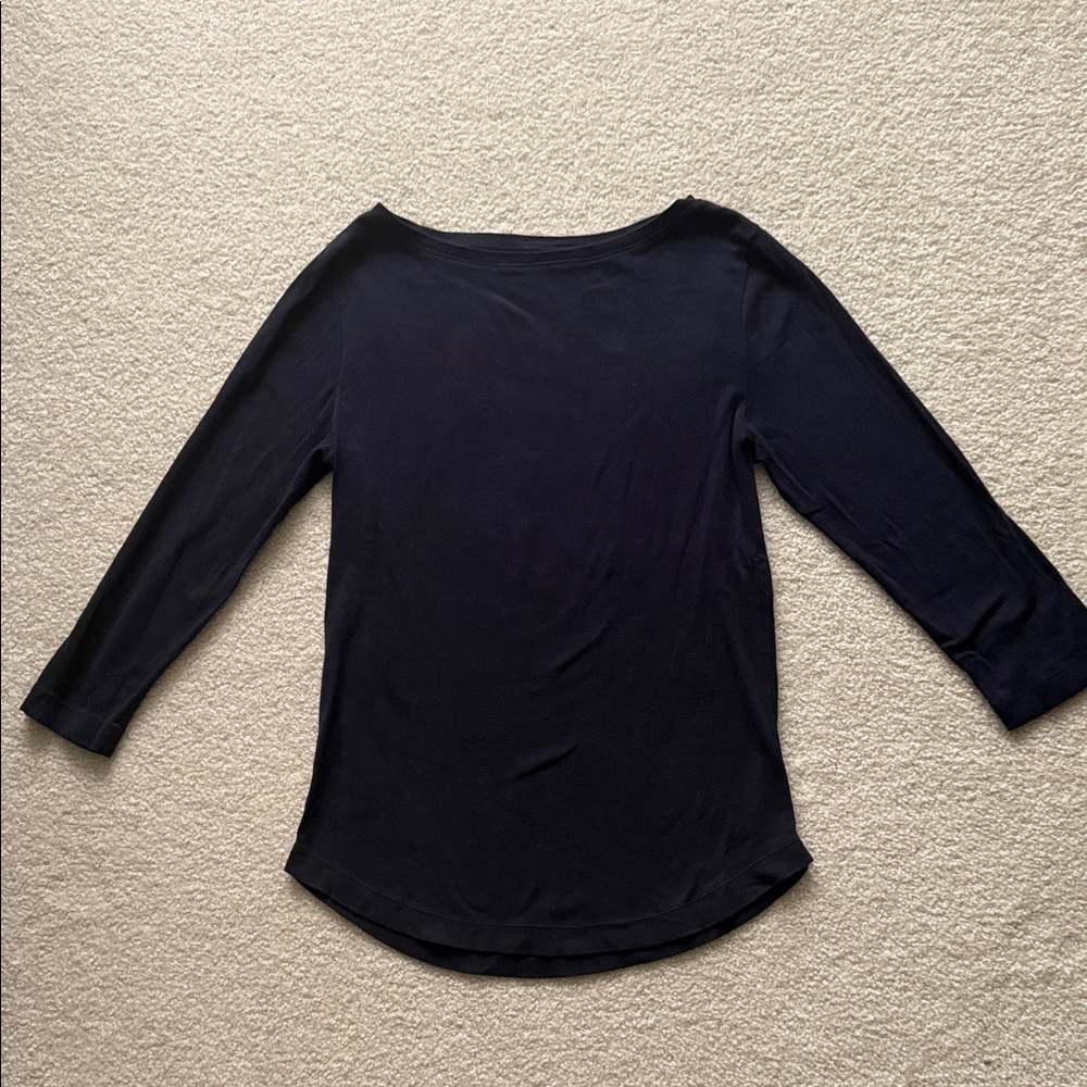 Ann Taylor Navy Boatneck Fitted Cotton 3/4 Sleeve Shirttail Hem Tee Top Size M